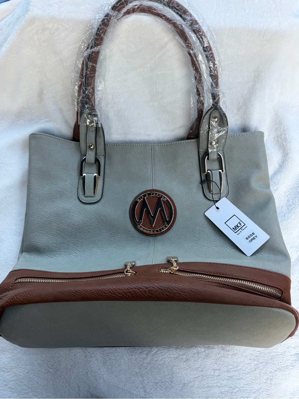NWT MKF Collection Mia K Farrow Blue Grey Vegan Leather Tote Shoulder Bag Purse